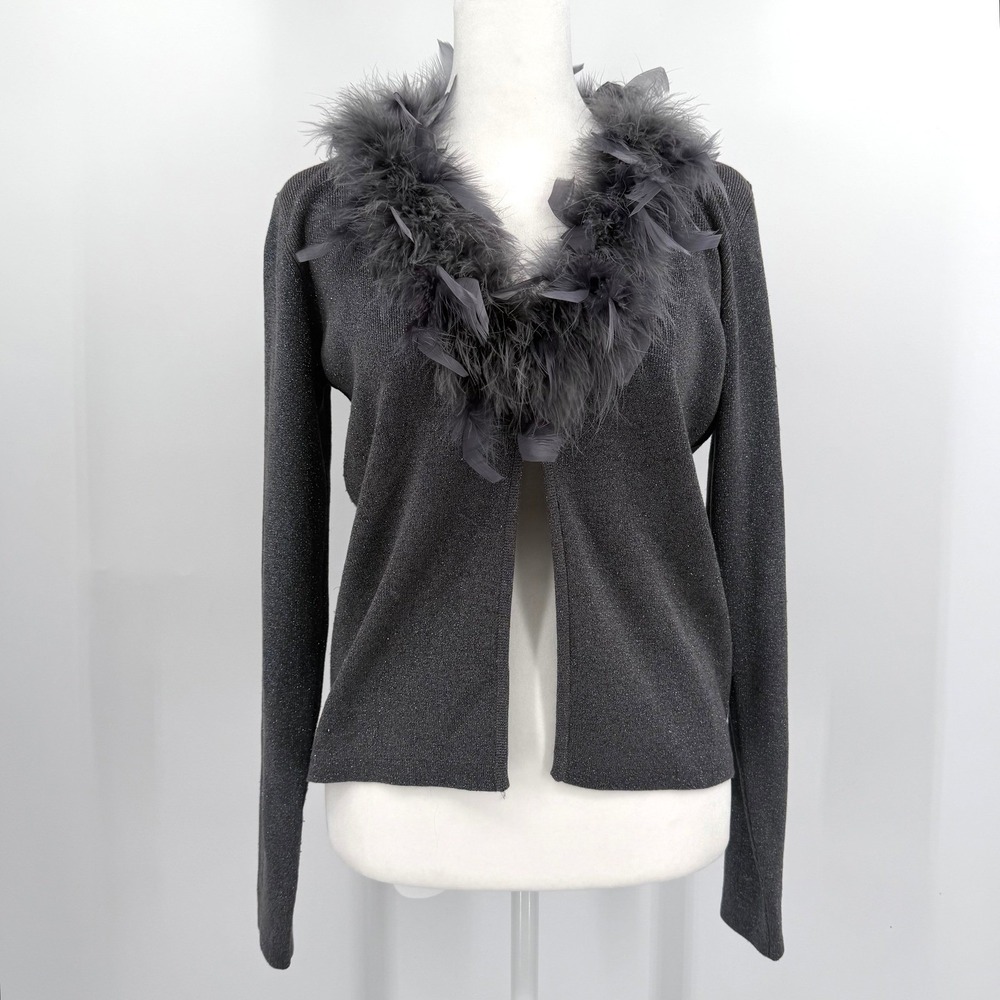 Vintage Y2K Joseph A Womens Silk Grey Feather Trim Cardigan Sweater S Party
